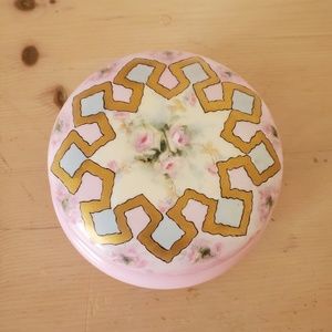 AK France Limoges Pink Gold Floral Trinket Vanity Satin Porcelain Box Vintage